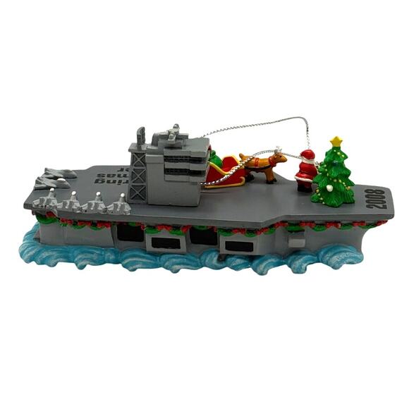 2008 Carlton Heirloom Santa’s Perfect Landing Navy Ship Ornament with Box - Picture 5 of 7